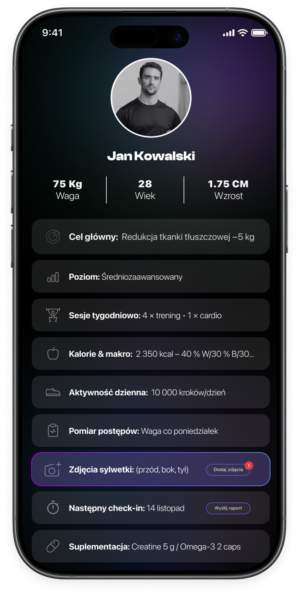 Mockup aplikacji mobilnej GymPlanner